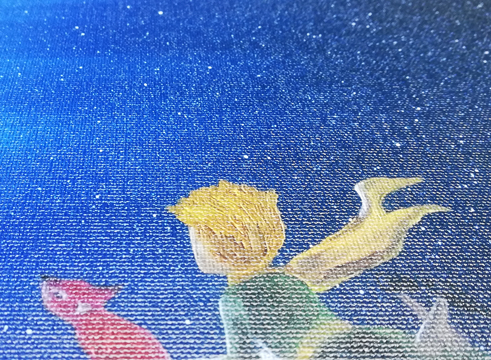 Přiblížený detail tisku reprodukce obrazu Malý princ od Jany Maršíkové na foto plátně profi.